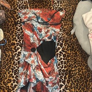 Red and Blue Abstract Cut-Out Dress